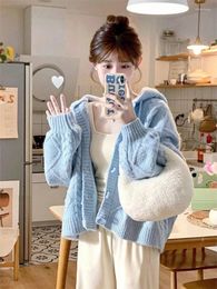 Women's Knits Harajuku Blue Knitted Cardigan Women Vintage Hooded Cropped Sweater Sweet Loose Casual Knitwear Y2K Tops Korean Fashion