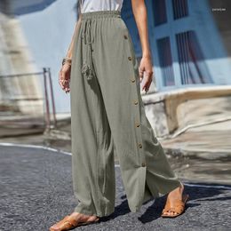 Women's Pants Women Pant Fashion Single Breasted Side Split Elastic Waist Tie Up Solid Color Trouser Causal Loose Wide Leg Female