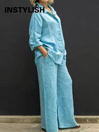 Linen Lapel Two Pieces Set Autumn Vintage Solid Color Long Sleeve Button Shirt Blouse Women Casual Loose Straight Pants Suits 231221