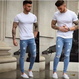 Men's Jeans S/4XL Stretchy Biker Skinny Destroyed Taped Slim Fit Denim Pencil Pants Ripped For Male Light Blue Streetwear
