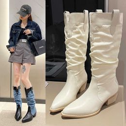 Women Long Boots with Pointed Toes Thick Heels Western Cowboy Autumn Winter Large Flat Mouth High Leg Knight