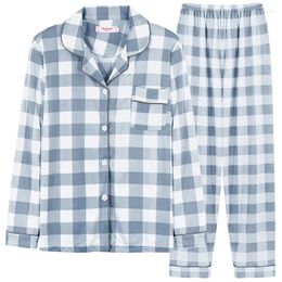 Women's Sleepwear Spring Long Pajamas Sets Lapel Button Shirt Pant Suit 2 Piece Plaid Print Sleeve Lounge Home Wear Pijama