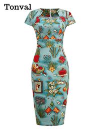 Dresses Tonval 50s Vintage Multicolor Print Summer OL Midi Pencil Dress Women Elegant Clothes Pinup Robe High Waist Retro Dresses