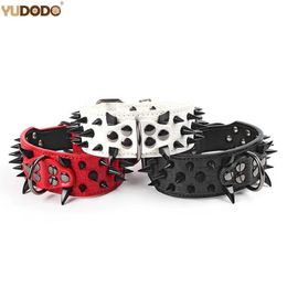 Leashes 2inch Width Soft Leather Studded Dog Collar Black Rivet Spiked Collar For Medium Large Dogs Pitbull Bully Necklace 1524" X0703