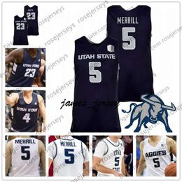 Jam Custom Utah State Aggies 2020 Basketball Navy Blue White 5 Sam Merrill 34 Justin Bean 22 Brock Miller 10 Alphonso Anderson USU Jerseys