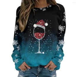 Women's Hoodies 2024 Xmas Wine Cup Women T-shirt Cotton Printed Long Sleeve Casual O Neck Top Tee Christmas Elements Ladies Clothing