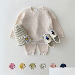 Clothing Sets Korean Baby Cotton Kintting Mock Two-Piece Waffle Kids Boys Girls Clothes Tracksuit Topspants Drop Delivery Maternity Dhm7A