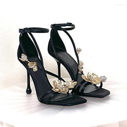 Sandals Designer Gold Orchid High Heels Party Prom Wedding Shoes 2024 Rhinestone Silk Women Pumps Square Toe Stiletto Summer