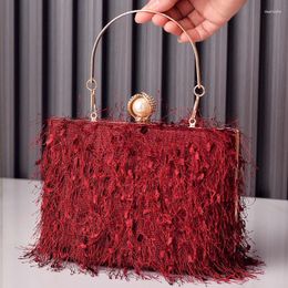 Evening Bags Burgundy Shoulder Bag Tassels Luxury Designer Handbag 2023 Top Quality Pearl Buckle Women Tote Crossbody Party Purse