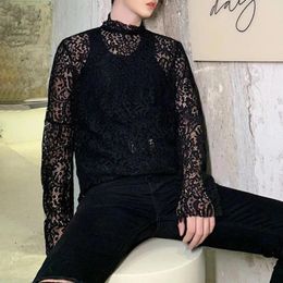 Men's T Shirts Mens See-through Nightclub Lace High-neck Long-sleeved T-shirt Autumn Genderless Fashion Sexy Hollow Top Unisex