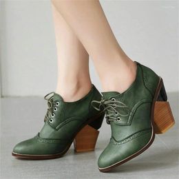 Dress Shoes Vintage Brock College British Style Women's High Heel Chunky Cut Out Oxford For Woman Lace Up Female Pumps 43