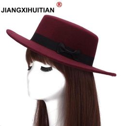 New Wool Boater Flat Top Hat For Women039s Felt Wide Brim Fedora Hat Laday Prok Pie Chapeu de Feltro Bowler Gambler Top9326852