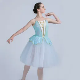 Stage Wear 20023 Blue Sequin Lace Bodice With White Spandex And Gold Trim Long Romantic Ballet Tutu Girls Women Ballerina Dance Costume