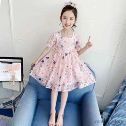 Girl's Dresses Girls Princess Dress Summer New Korean Version of Butterfly Lace Puffy Sleeve Dress Vestido Ropa De Nia