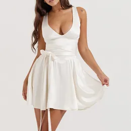 Casual Dresses Lace Up Women White Sling Dress Solid Colour Ladies Sleeveless Mini Slim Fit Sexy Style Deep V Neck Ballet Outfit Robe