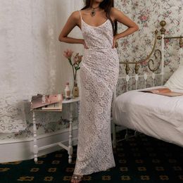 Casual Dresses Women Y2k Lace See Through Spaghetti Strap Dreess 90s Vintage White Floral Long Dress Slim Fit Party Female Vestido