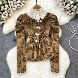 Women's Blouses Blusas Femininas Elegantes Stand Puff Sleeve Autumn Printing Button Blouse Women Chinese Style Beading Camisas Folds