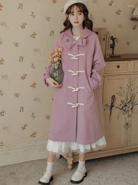 Women's Jackets French Literary Retro Woollen Coat For Women Korean Single Breasted Casual Purple Overcoat Hooded Bow Cute Coats Elegant