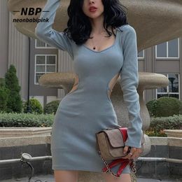 Dresses NEONBABIPINK Blue Bodycon Dresses for Women 2022 Spring Fashion Cut Out Lace Up Backless V Neck Long Sleeve Mini Dres N33BH18