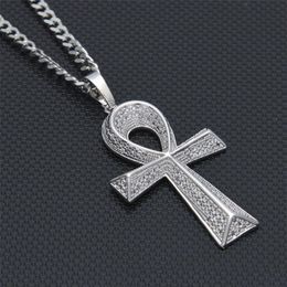 Iced Out Zircon Ankh Key Pendant Golden Jewelry CZ Cross Egyptian Key of Life Pendant Hip hop Necklace For Men Women2610