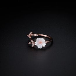 1Pc Rose Gold Sakura Flowers Zircon Branches Shell Flowers Open Ring Charming Cherry Blossom Adjustable Rings Women's Jewelry198F