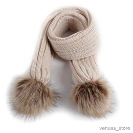 Scarves Wraps New Kids Scarf Faux Fur Pompom Winter Warm Children Toddler Scarves Outdoor Solid Colour Knitted Baby Girl Boy Scarf