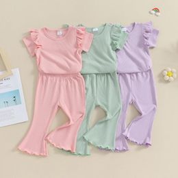 Clothing Sets CitgeeSummer Kids Toddler Girls Outfits Sleeve Solid Colour Rib T-Shirts Tops Elastic Waist Flare Pants Clothes Set