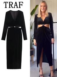 TRAF Cut Out Velvet Midi Dress Woman Black Elegant Long Dresses For Women 2023 Autumn Sleeve Evening Party 231222