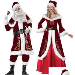 Christmas Decorations Veet Men/Women Santa Claus Costume Suit Couple Party For Xmas Wholesale Drop Delivery Home Garden Festive Suppl Dhl9Q