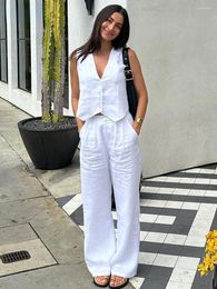 Women's Two Piece Pants Summer White Linen Set For Women 2024 Fashion Sleeveless Tank Top In Matching High Waist Wide