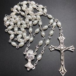 Pendant Necklaces 10pcs set White 6 4mm Glass Pear Rosary Oval Bead Catholic Rosario Cute Pearl Necklace Chalice Center300H
