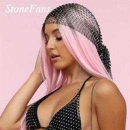 Stonefans Handmade Bling Crystal Head Scarf Tassel Jewelry for Women Fashion Rhinestone Head Accessories Black Headband Hollow J01200u