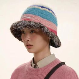 Berets Korean Niche Retro Contrasting Striped Hand Hook Wool Bucket Hat Thickened Warm Autumn Winter Crochet Women Thick