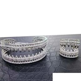 Earrings Necklace Set Revet Teeth Charms 2Pc Bangle Cuff Ring For Women Wedding Bridal Cubic Zircon Dubai Party High Jewelry Drop Dhk5P