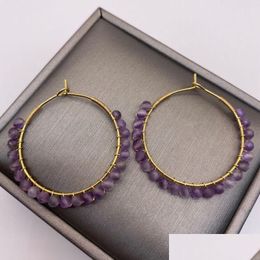 Hoop Huggie Earrings Genuine Amethyst Hoops Dangle Faceted Crystals Elegant 14K Gold Filled Hand Made Wire Wrap Circle For Women D Dhl0L