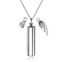 Cylinder Capsule Secret Message Vial Cremation Ash Urn Necklace in Stainless Steel Stash Locket Wing and Crystal Dangle Necklace292J