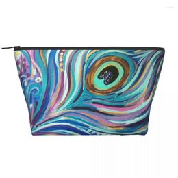 Cosmetic Bags Peacock Feather Painting Trapezoidal Portable Makeup Daily Storage Bag Case For Travel Toiletry Jewelry