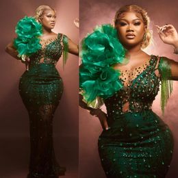 Emerald Green Aso Ebi Prom Dresses Illusion Mermaid Long Sleeves Beading Evening Formal Dress for Special Occasions Black Women Girls Birthday Party Gowns NL109