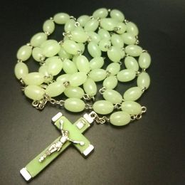 Luminous Rosary Cross pendants necklaces Beads vintage long style sweater chain Christian Catholic Jesus Jewellery fashion 10pcs191w