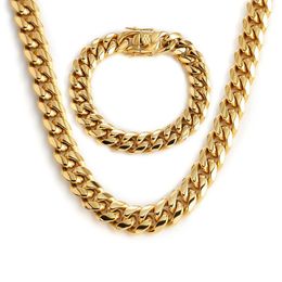 Miami Cuban Link Chains Men Women Jewellery Sets Hip Hop Necklaces Bracelets 316L Stainless Steel Double Safety Lock Clasps Curb Cha2518