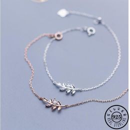 Fashion Authentic 925 Sterling Silver Leaf Shape with CZ Stone Rose Gold Color Plated Chain Hand Charm Zircon Bracelet for Women247h