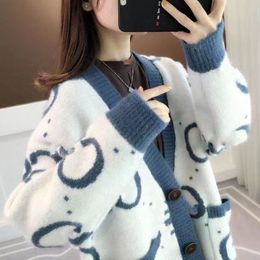 Winter Women's new Sweater Oversized Knitted Cardigan Jackets female colorful double wool knit Letter V-Neck Long Sleeve Sweaters coat M-3XL