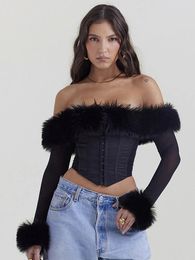 Women's T Shirts Mozision Elegant Feather Strapless Sexy T-shirt Women Fashion Black Off-shoulder Backless Sheer Long Sleeve Club Party Tops