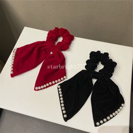 Elegant Solid Colour Velvet Big Bow Headband Ribbon Pearls Hair Scrunchie Hairband Ponytail Elastic Women Hair Accessories Gifts