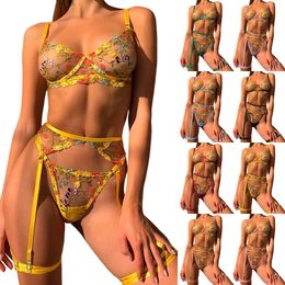 Women's Swimwear Fun Underwear Sexy See Through Flower Bra Garter Thong Leg Loop Three Piece Vintage Boudoir Doll I Love Daddy Lingerie