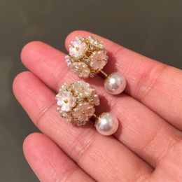Fashion unique luxury designer lovely pretty shell flower diamond pearl elegant stud earrings for woman girls double sided344p
