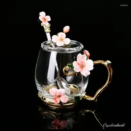 Mugs Enamel Flower Glass Cup Mug For Coffee Tea With Spoon Home Drinkware Wedding Gift Cups Set Drop