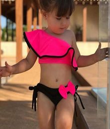 Baby Girl Swimwear Children Ruffled Swimming Suit Two Piece Bownot Bikini Set Swim Cloths Beach Bathing Costume 4 Colours 5pcs DW498315084