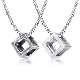 Mens and Womens 3D Cube Charms Necklace in Stainless Steel Geometric Open Cube Pendant2098