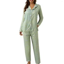 Women's Sleepwear Women Casual Lapel Button Peach Plaid Print Two Piece Long Sleeve Pyjamas Sleep Wear Ladies Luxury